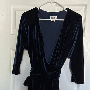 Unique Vintage navy blue velvet wrap dress